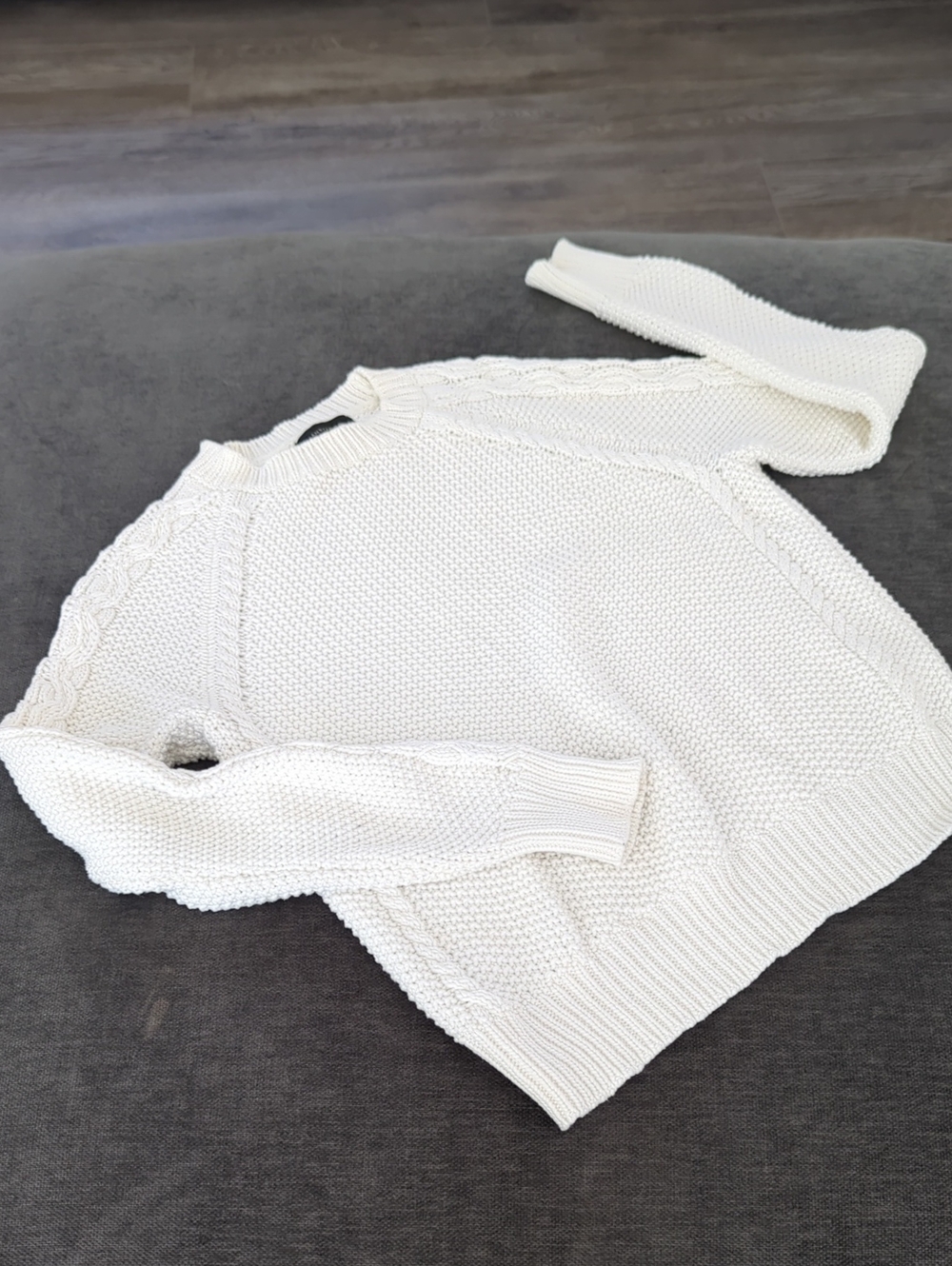 Ann Taylor Cream Textured Cable-Trim Crew Sweater